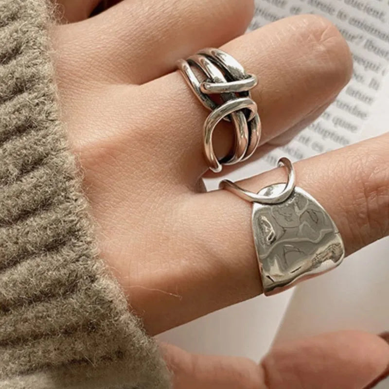 Anillo Nudo Cadena Plata de Ley 925 para Mujer, Anillo Ancho de Diseño Geométrico Rock Punk, Regalo de Joyería, Venta al por Mayor y Dropshipping