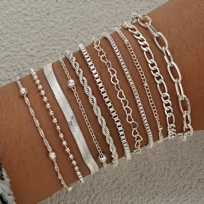 13-teiliges Edelstahl-Armband-Set für Damen, Silber Gold Farbe Multi-Style-Kombinationskette, Wasserdichter exquisiter Schmuck Geschenk