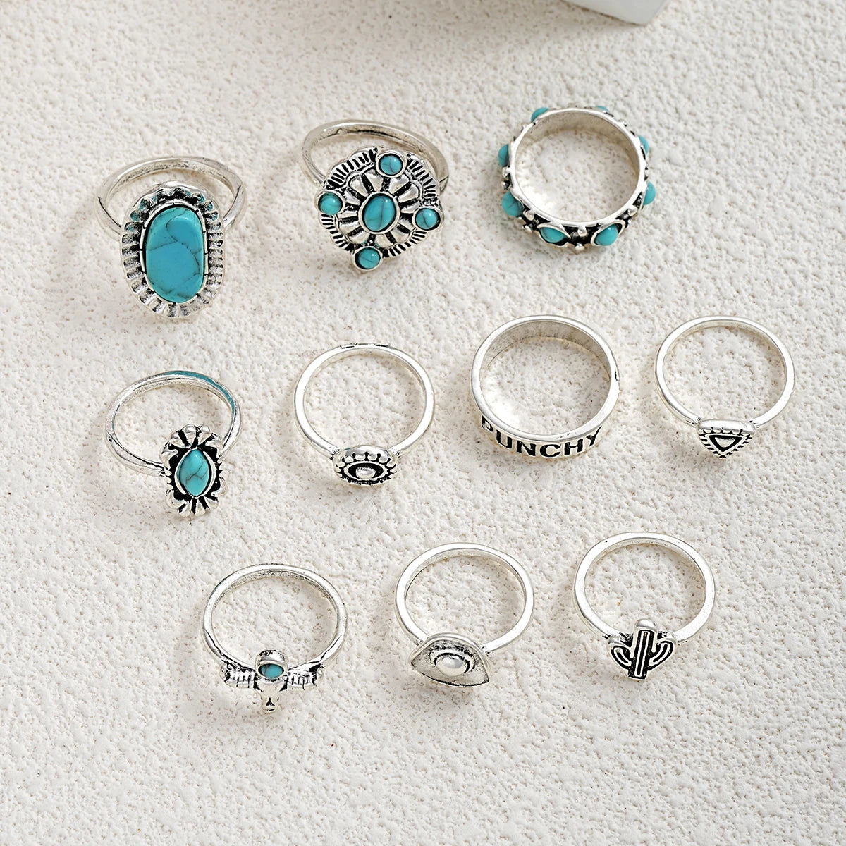 10tlg. Trendy Western Style Ring-Set für Damen und Herren Vintage Türkis Bullenkopf Lotus Sonnen Design Ring Alltagsoutfit Schmuck Geschenke