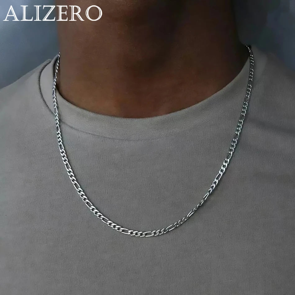 ALIZERO 40-75cm Plata 925 4mm Cadena Figaro Collar para Mujeres Hombres Collar Largo Joyería Hip Hop Regalo