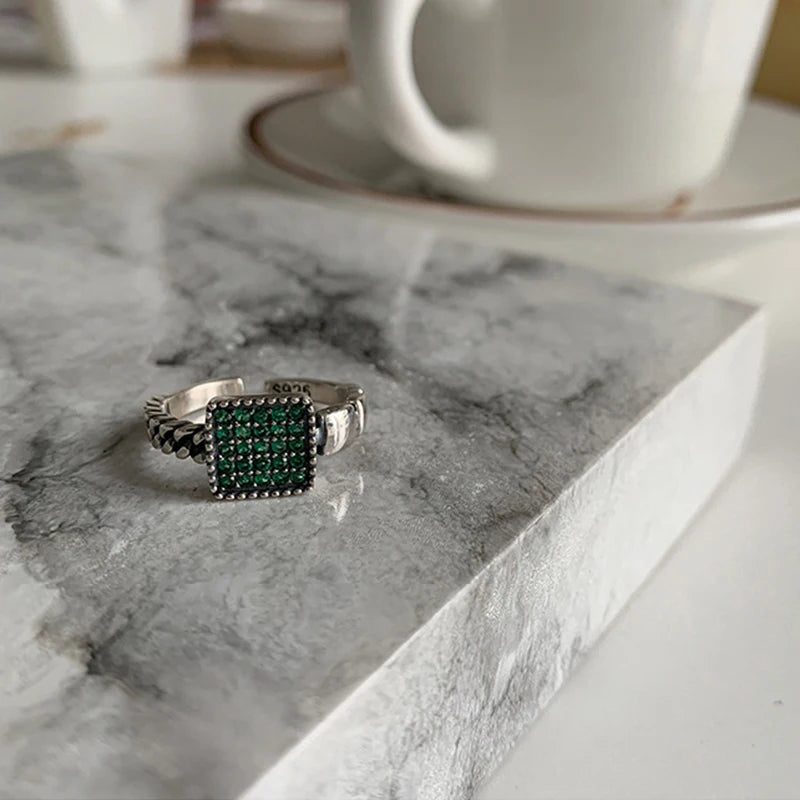 Anillo de plata de ley 925 chapado para mujer, regalo para niña, piedra negra, cristal esmaltado, retro, punk, abierto, joyería al por mayor