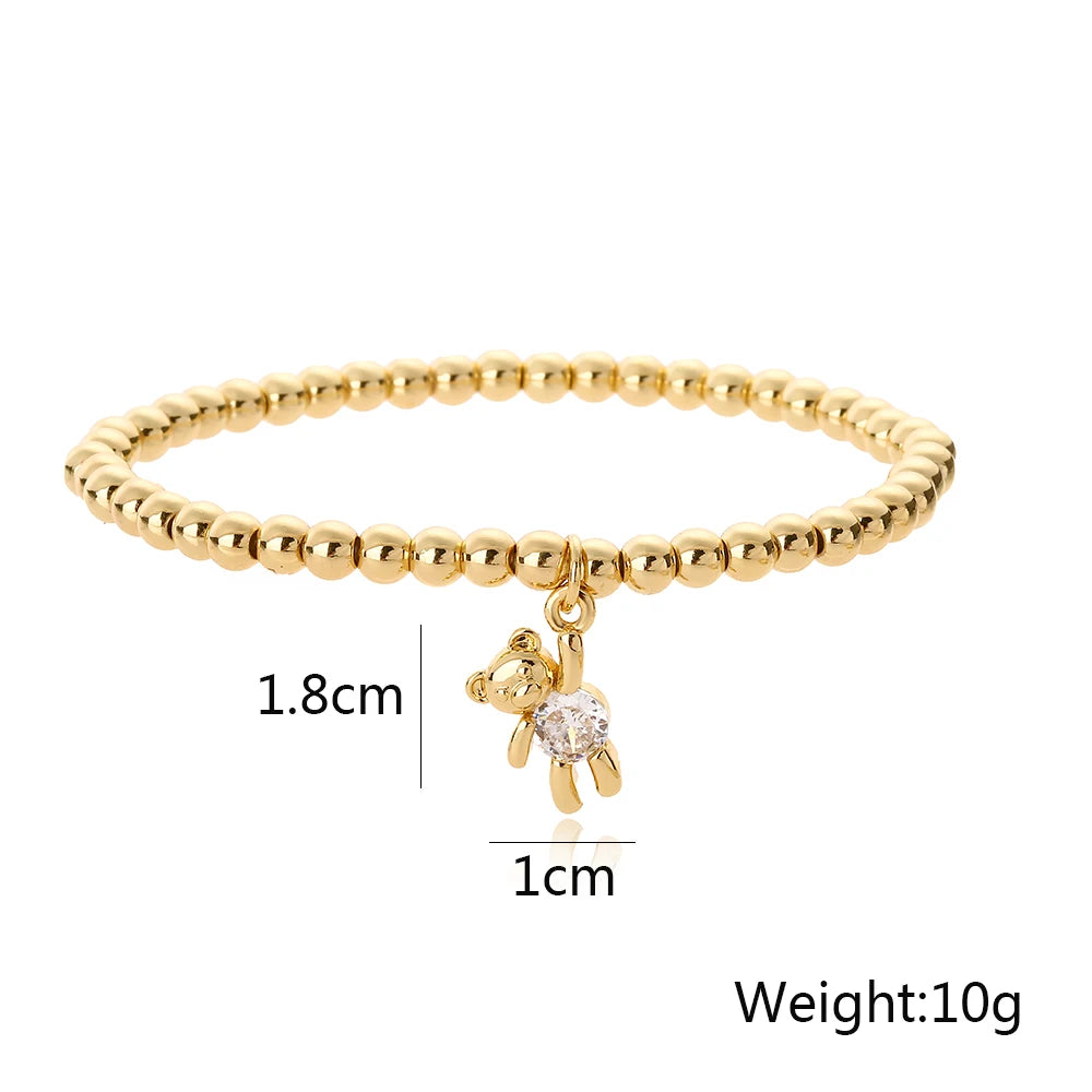 NEWBUY Trendige Goldfarbene Kupferperlen Armbänder für Frauen Weiß/Rosa/Lila Zirkonia Süße Bär Schmuck