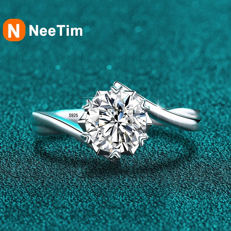 NeeTim Anillo de Moissanita de 0.5-2ct Anillo de Diamante de Laboratorio para Mujer Plata S925 Copo de Nieve Anillo de Compromiso Boda Joyería Certificada