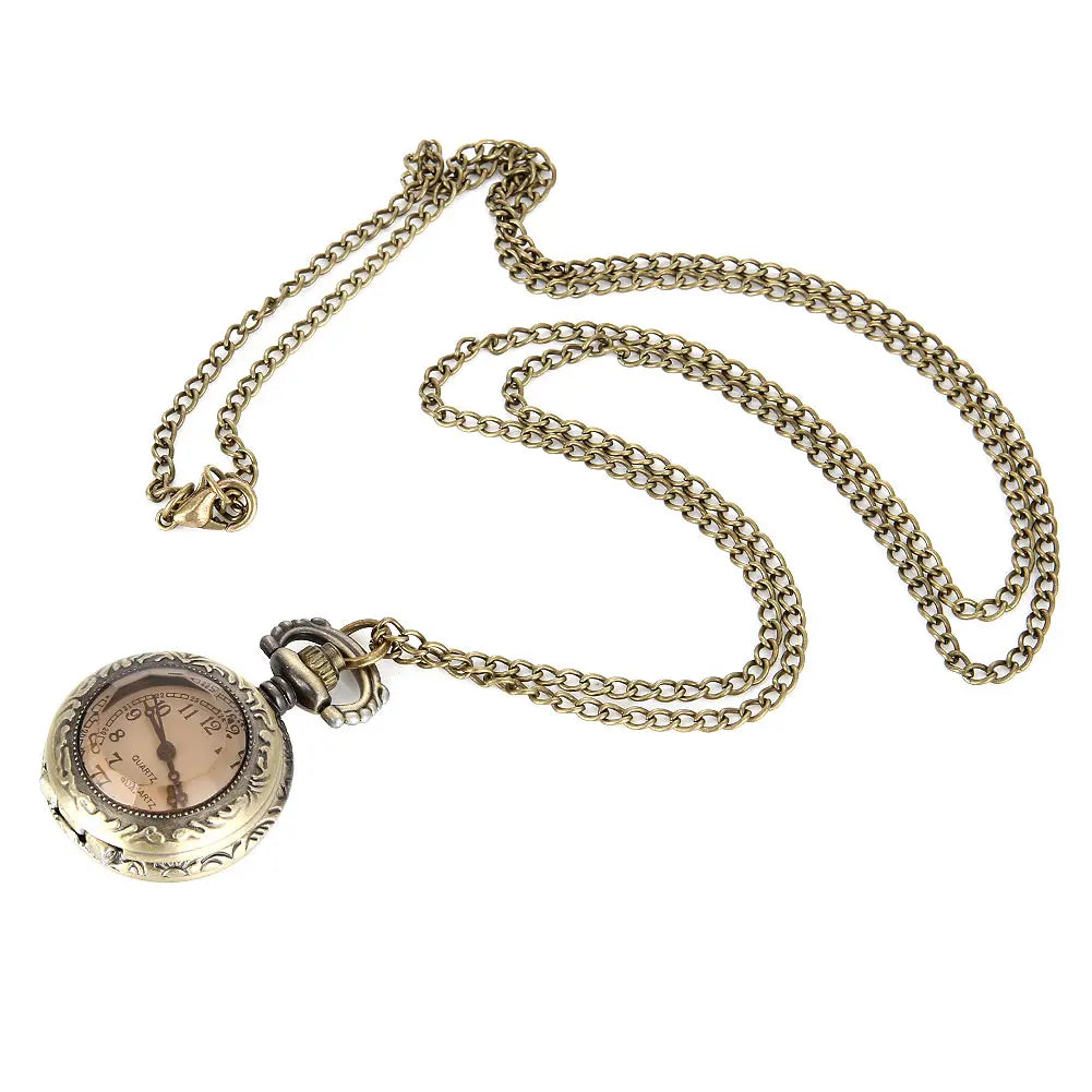 Vintage Pocket Small Watch Steampunk Quartz Watch With Chain Hollow Heart Cover Necklace Bronze Color Alloy Fob Clock Men Gift