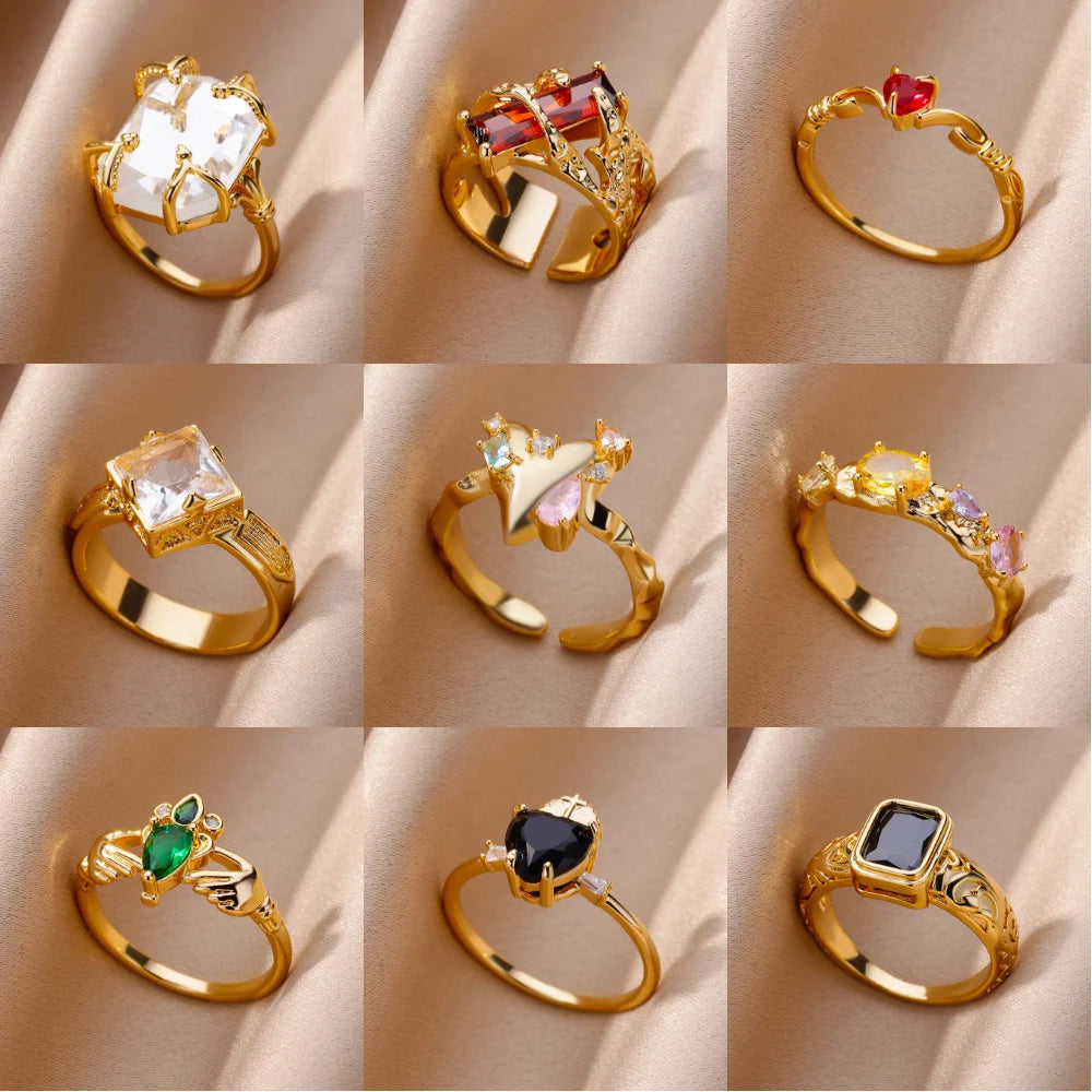 Luxus Zirkon Herzringe für Damen Goldfarbe Offen Edelstahl Kristall Geometrie Fingerring Schmuck Hochzeitsgeschenk anillos