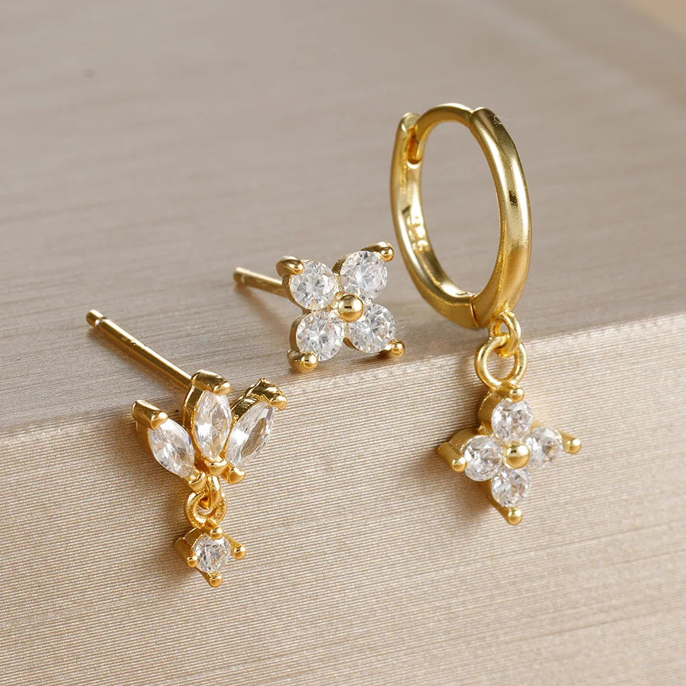 3 Paar modische orange-blaue Zirkon-Hängeohrringe für Damen, Edelstahl-Blumen-Baumelohrringe, Piercing-Schmuckset
