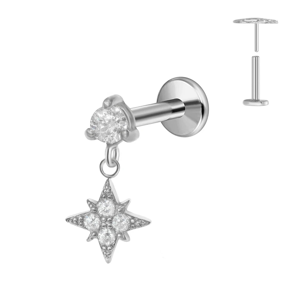 ASTM F136 G23 Titan Blumen Mond Stern Labret Piercing Push In Ohrringe Tragus Threadless Flat Back Piercing Körperschmuck