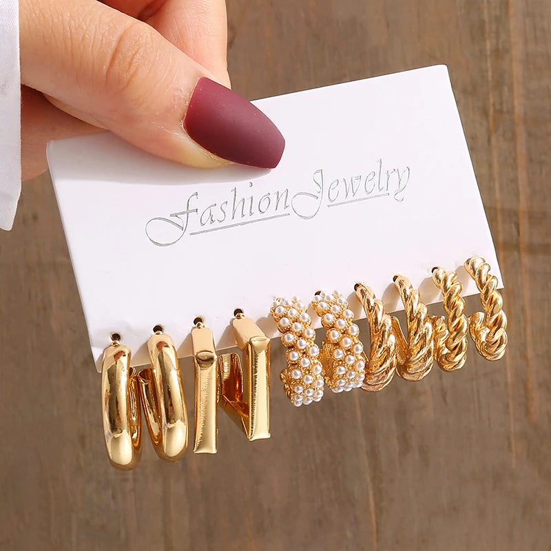 Aretes de Perlas Geométricos Vintage Color Oro, Set de Aretes Colgantes Cuadrados de Metal Trenzado Redondos para Mujer, Joyería de Fiesta Sencilla y de Moda