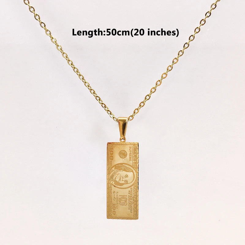 Colgante impermeable con dije de barra chapado en oro de 18 quilates, acero inoxidable, diseño de dólar estadounidense, personalizado