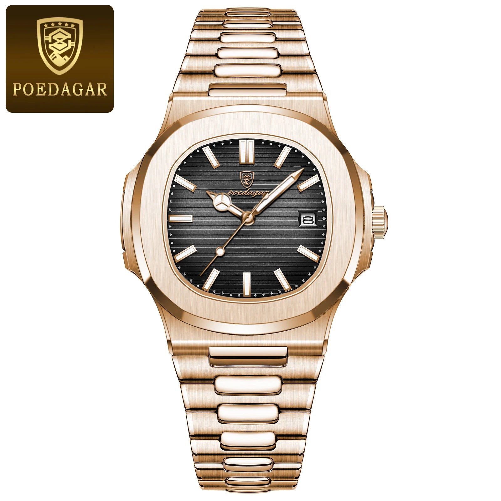 POEDAGAR Reloj de Cuarzo Cuadrado de Moda para Hombre, Impermeable, Luminoso, con Fecha, de Acero Inoxidable, Reloj de Hombre de Negocios de Lujo