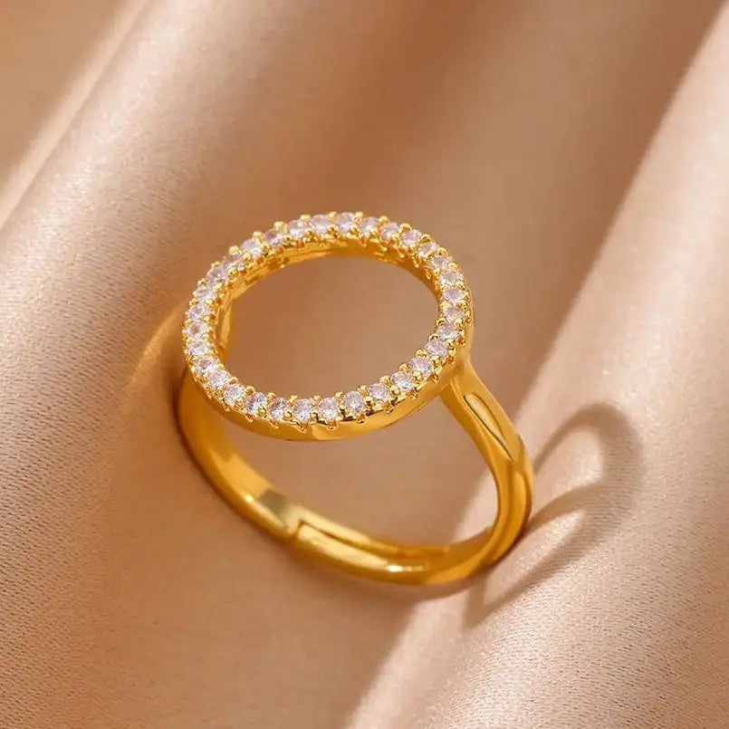 Anillos redondos huecos de circonita de moda para mujer, de acero inoxidable, color dorado, ajustables, anillo de boda, regalo de joyería estética anillos