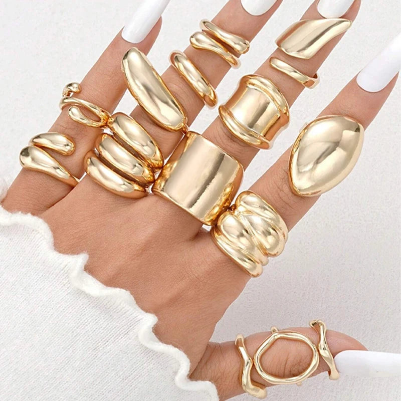 14Pcs/Set Vintage Glatte Offene Ringe Set für Frauen Geometrische Kreative Unregelmäßige Goldfarbe Fingerringe Trendiger Täglicher Schmuck Geschenk