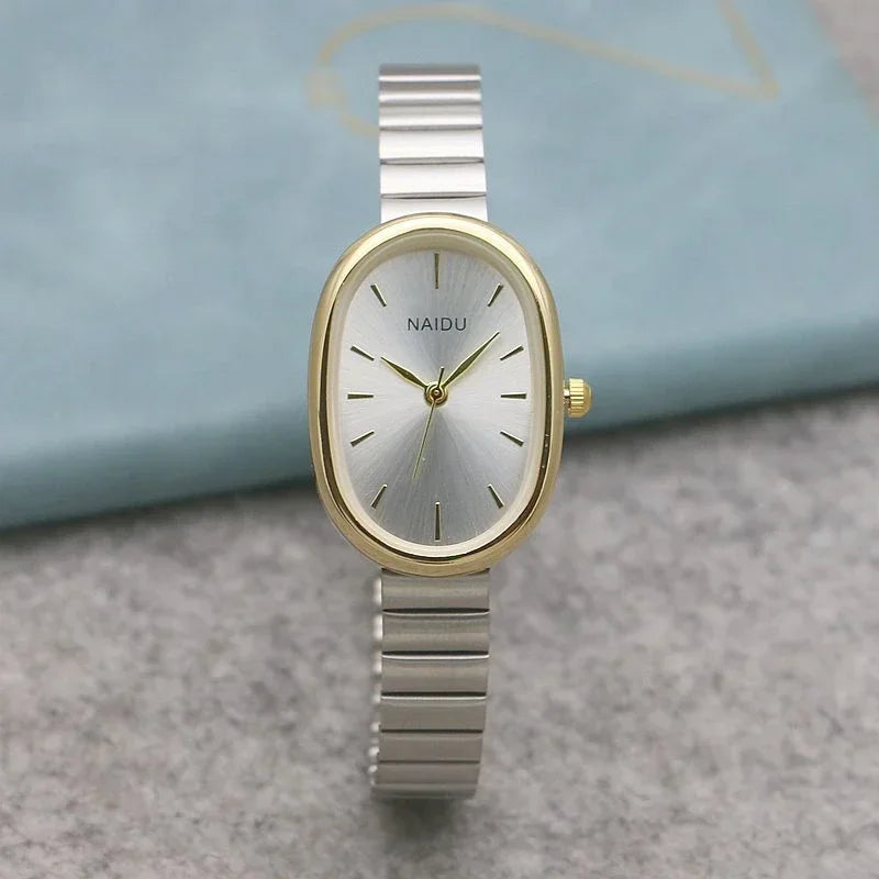 Reloj de cuarzo para mujer con esfera ovalada pequeña, correa de bambú de acero inoxidable, para niña, estudiante, ocio, moda, lujo, regalo, venta al por mayor