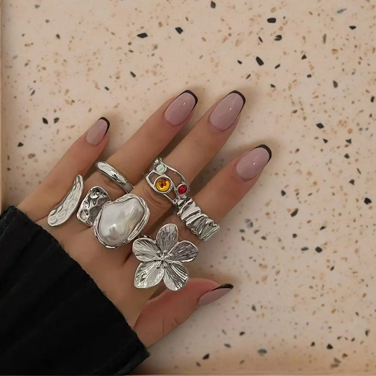 6tlg/Set Vintage Metall Blumen Ring Set für Damen Punk Elegant Barock Imitationsperlen Knöchelringe Alltag Party Urlaubsgeschenke