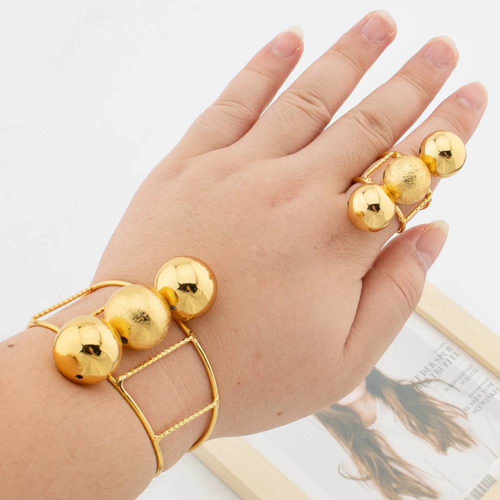 Afrikanischer Goldschmuck für Frauen, Perlen-Design, Manschettenarmreif und Ring, Dubai Hochzeiten Brautschmuck-Set, Accessoires, Geschenke