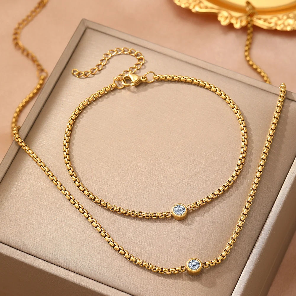 Boho Perlenkette Zirkon Armband und Halskette Set, Wasserdichter Edelstahl Damenschmuck, Geschenk für Ehefrau Freundin