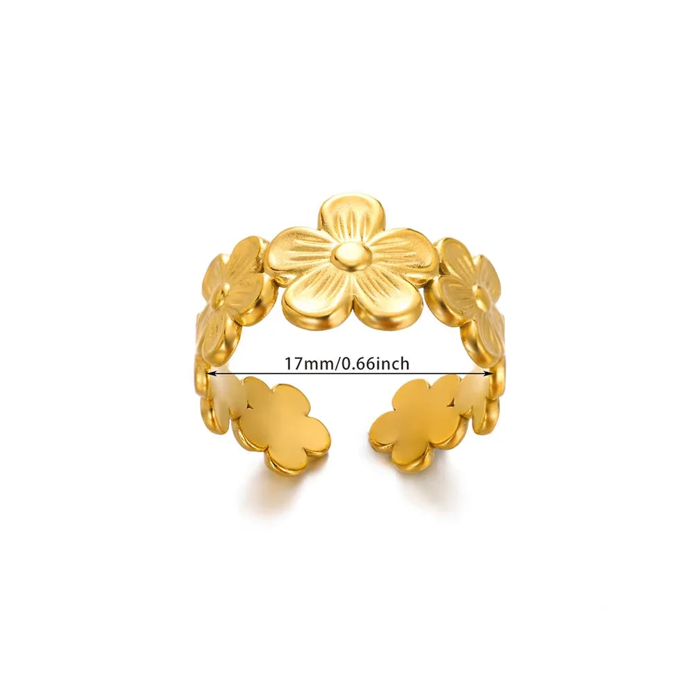 Edelstahl-Blumen-offene Ringe für Frauen Trend Hochzeit Herz Schmuck Goldfarbe Geometrischer hohler Ring Täglicher Accessoires Geschenk