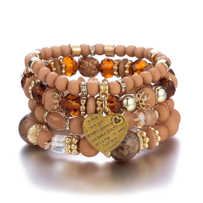 4-teiliges Set Boho Ethno Herz Perlenarmband Set für Damen Handgemachte Kristallperlenkette Armreif Weiblicher Böhmischer Schmuck Geschenk