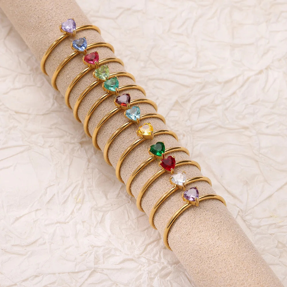Edelstahl Geburtsstein Offene Ringe für Frauen Mode 12-farbiger Kristall Zirkon Herz Ring Geburtstag Ästhetischer Schmuck Geschenk