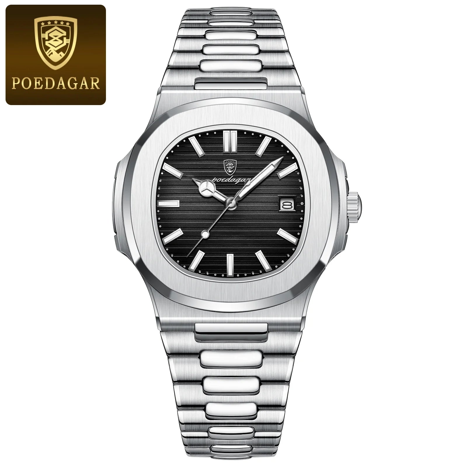 POEDAGAR Reloj de Cuarzo Cuadrado de Moda para Hombre, Impermeable, Luminoso, con Fecha, de Acero Inoxidable, Reloj de Hombre de Negocios de Lujo