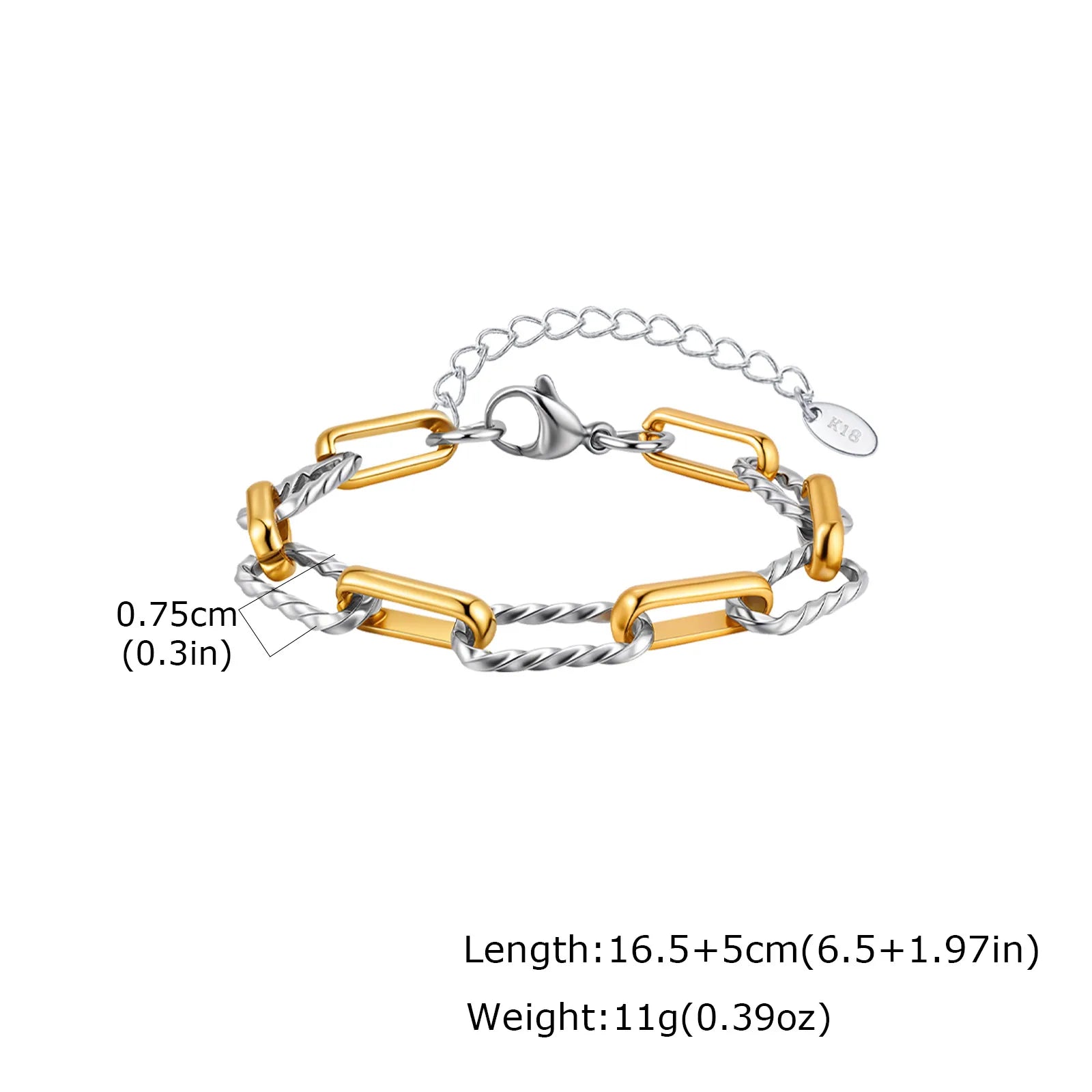 Zweifarbige Twist-Glieder-Paperclip-Armband für Damen, klobiges Edelstahl-Armband mit verstellbaren Gliedern, 18 Karat vergoldeter Schmuck