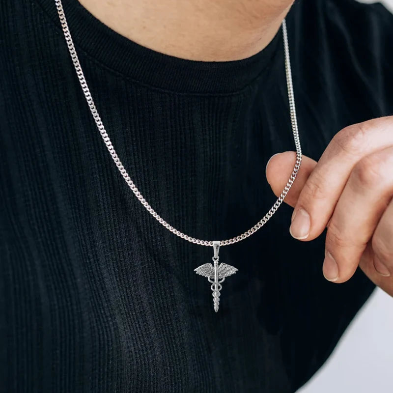 Collar de serpiente con ala de ángel de acero inoxidable chapado en oro de 18 quilates - Colgante de caduceo griego, joyería con amuleto para médico/enfermera