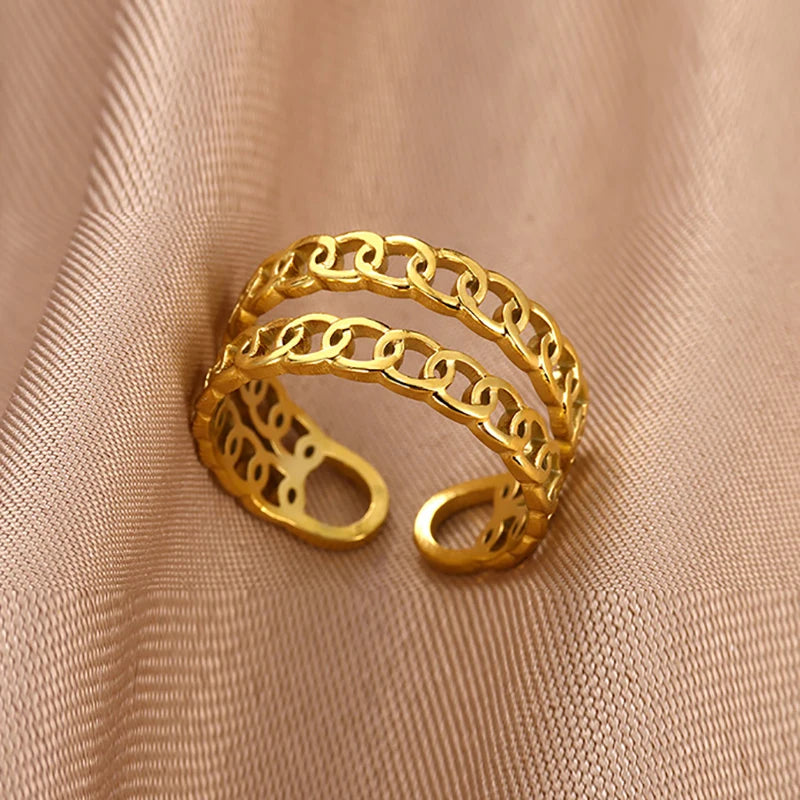 Edelstahl Doppelring für Frauen Vintage Hohl Geometrischer Fingerring Modeschmuck Hochzeit Geburtstagsgeschenk