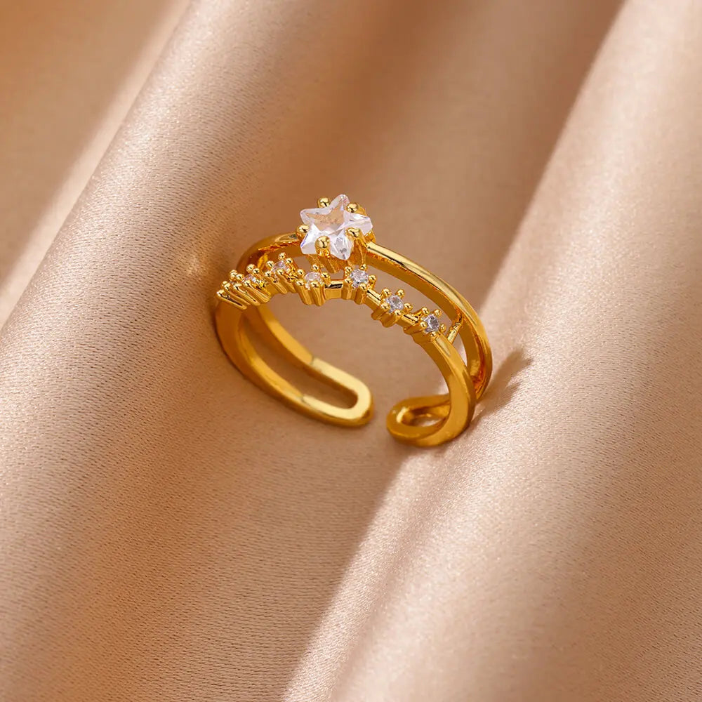 Zirkon Geometrische Herzringe für Damen Edelstahl Goldfarbe Ehering Luxuriöser Ästhetischer Schmuck Paar Geschenk 2025