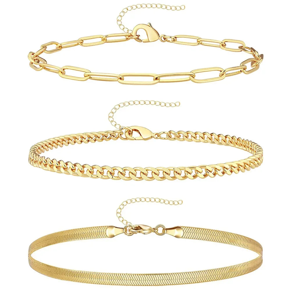 3tlg. Edelstahl Strand-Fußkettchen-Set für Damen, wasserdicht, Schlangen-Gedrehte Seilkette, Fußschmuck, Mädchen, Sommer-Knöchelarmband