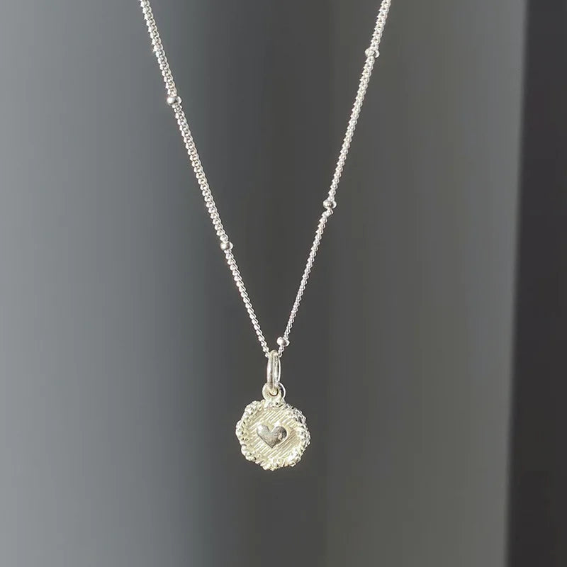 VENTFILLE Collar de plata de ley 925 con cuentas de textura de corazón de amor para mujer y niña, diseño estereoscópico, joya de doble cara, regalo al por mayor