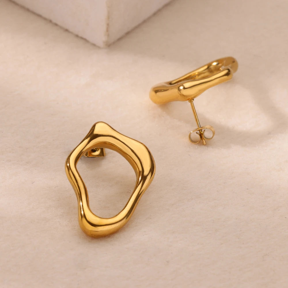 Aretes de acero inoxidable con forma hueca irregular y bonita para mujer, color dorado, para bodas, aretes con textura irregular, joyas para mejores amigas