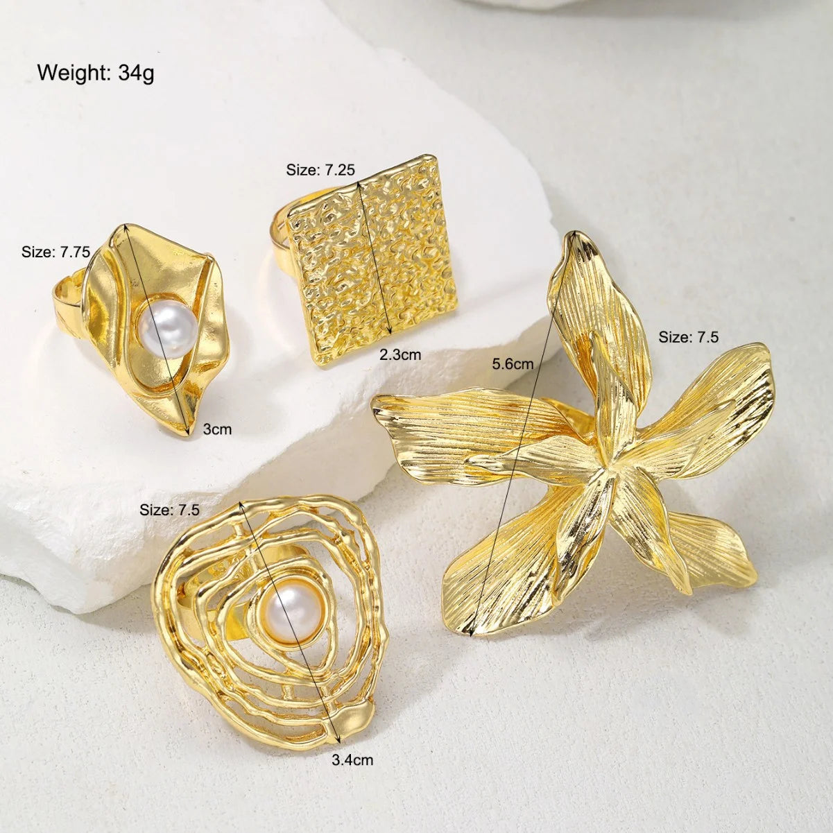 4 Stück übertriebenes Ring-Set in Goldfarbe für Damen 2025 Persönlichkeit Metall Punk Party Große Blume Fingerring Schmuck Zubehör