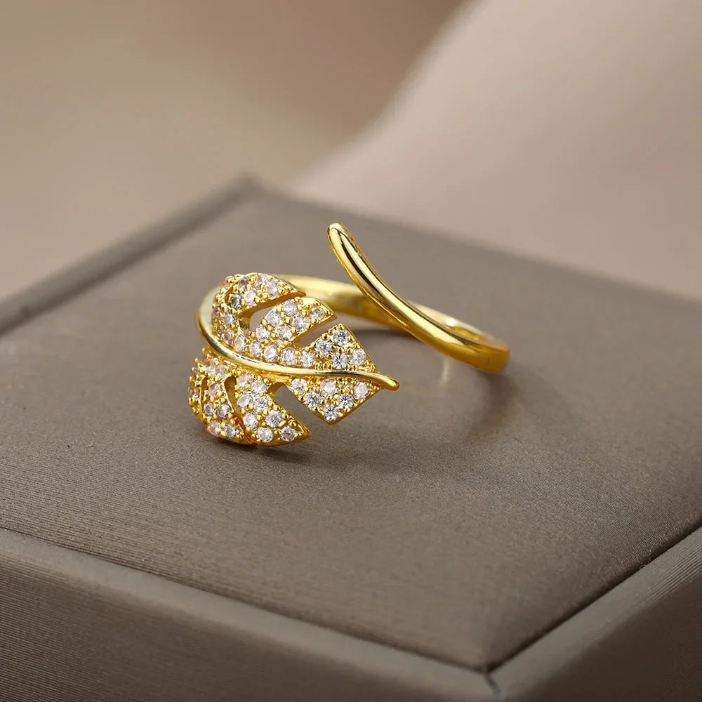 Anillos Abiertos con Forma de Hoja de Palma de Moda para Mujer Color Dorado Circón Anillo Ajustable para Dedo Niñas Regalo de Joyería de Fiesta Coreana