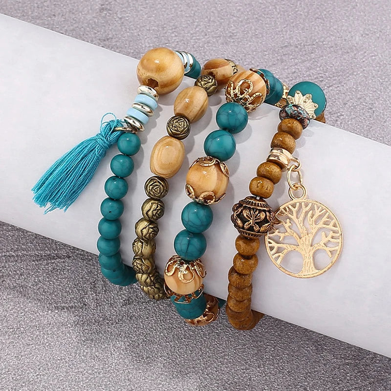 Boho Lebensbaum-Armband-Set für Frauen, modische Quasten, Charms, Holzperlen, elastische Kette, Armreif, trendiger Party-Schmuck für Mädchen