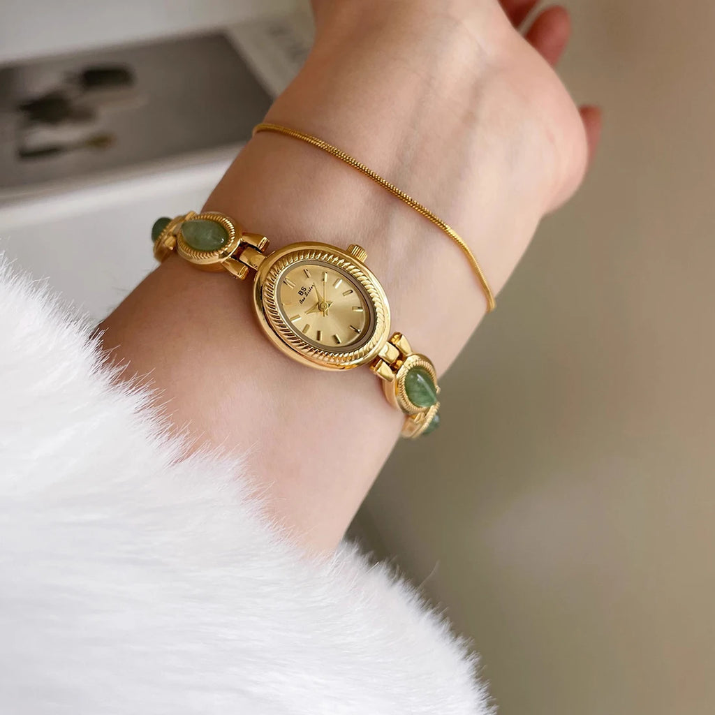 Natur-Jade-Armbanduhr Geschenk Frauen, Damenuhren Luxus Hochwertige Gold Quarzuhren, Elegante Damenarmbanduhren
