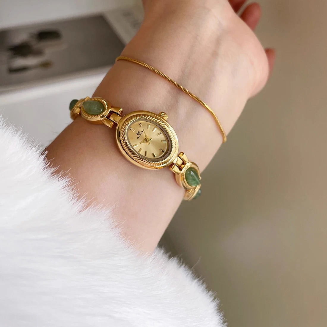 Natur-Jade-Armbanduhr Geschenk Frauen, Damenuhren Luxus Hochwertige Gold Quarzuhren, Elegante Damenarmbanduhren