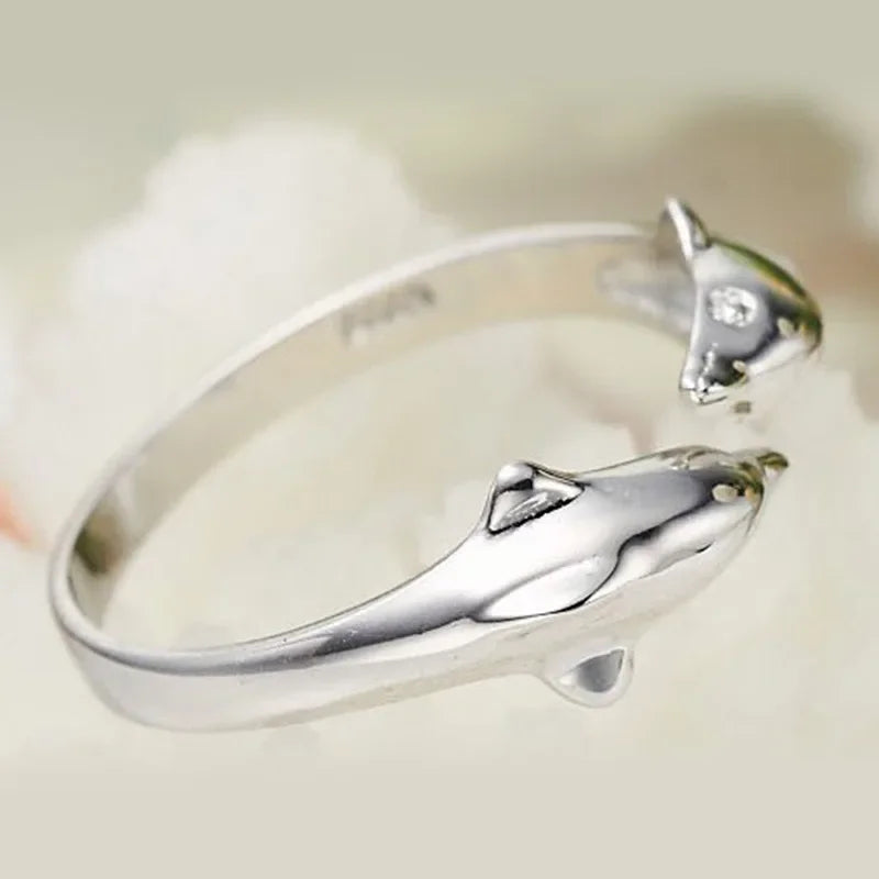 925 Sterling Silber Schmuck Offener Happy Doppel-Delfin-Liebesring für Frauen, Partygeschenk, Verstellbarer Ring, Anillos, Bague