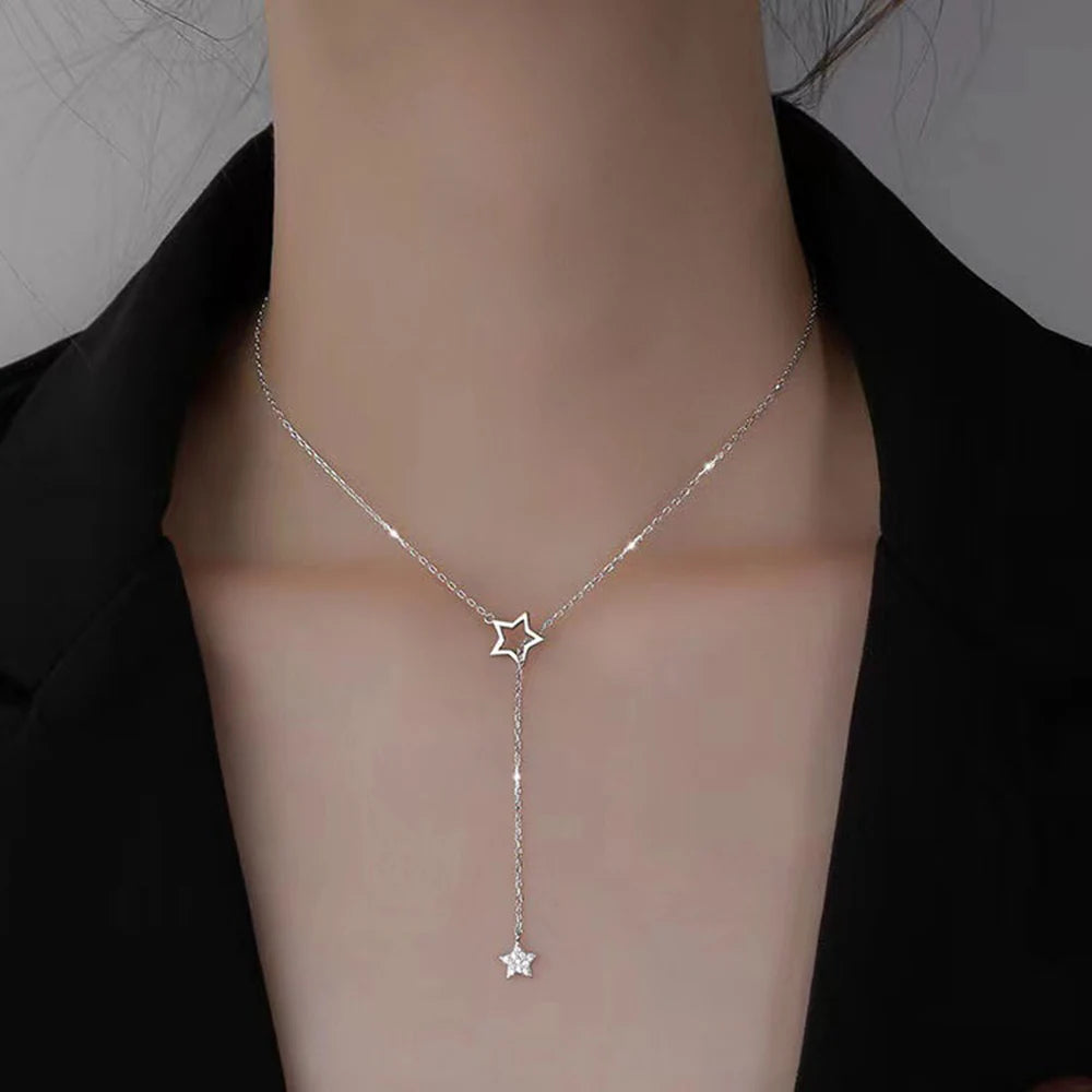 Regalo de Navidad 925 Plata de Ley Linda Estrella Brillante Gargantilla Colgante Collar Encantadora Mujer Boda Fiesta Cumpleaños Joyería