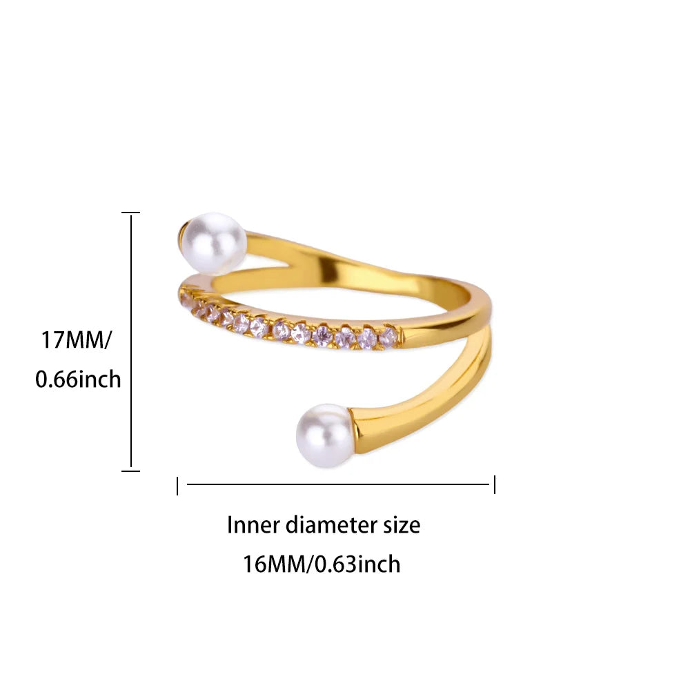 Anillo de Perlas de Imitación de Zirconia en Capas para Mujeres Anillo de Acero Inoxidable Color Dorado 2025 Nueva Tendencia Moda Boda Pareja Joyería Regalo