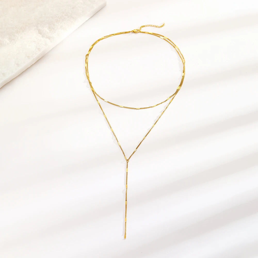 DOTIFI Edelstahl Mode Pendler Y-förmige Fransen Halskette Minimalistische doppellagige Schlüsselbeinkette Schmuck für Frauen