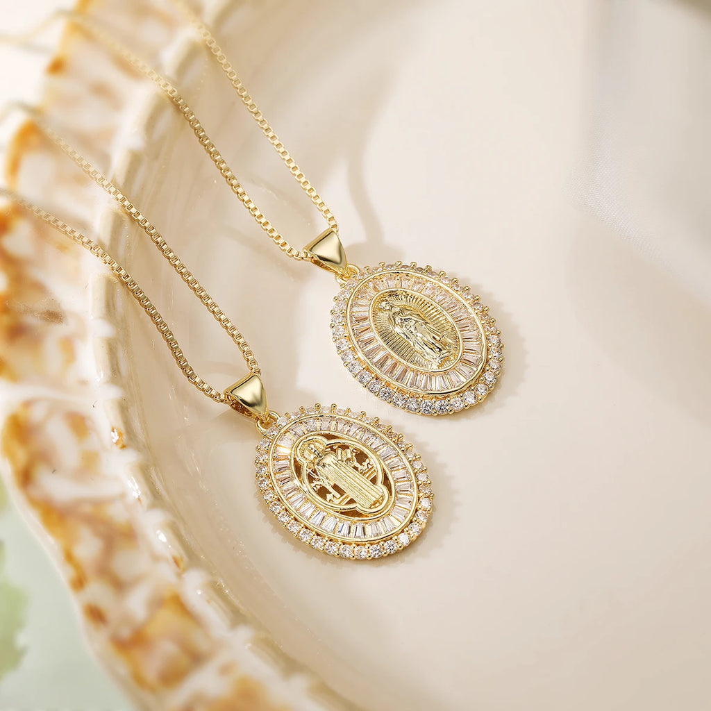 NEWBUY 2025 New Arrival Classic Design Gold Color Virgin Mary Pendant Necklace For Women Shiny CZ Zircon Copper Jewelry