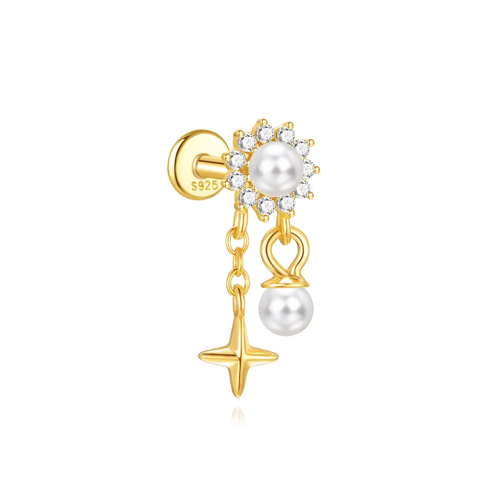 CANNER 1PC Vier-Punkt-Stern Mond Quaste Lotus Knorpel Spirale Piercing 925 Sterlingsilber Ohrstecker Für Frauen Ins Ohrring