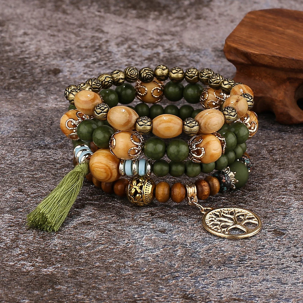 4 Stück Bohemia Lebensbaum Charm Perlenarmband Set für Damen Handgemachte Holzperlen Kette Armreif Weiblicher Boho Schmuck