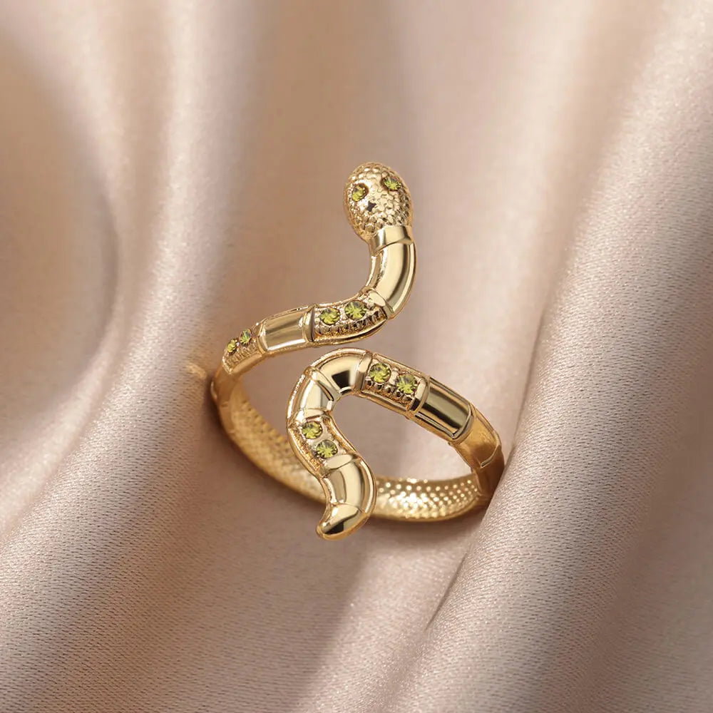 Edelstahl Schlangenringe für Damen Herren Goldfarben Offen Verstellbar Zirkon Ring Vintage Gothic Ästhetischer Schmuck anillos mujer