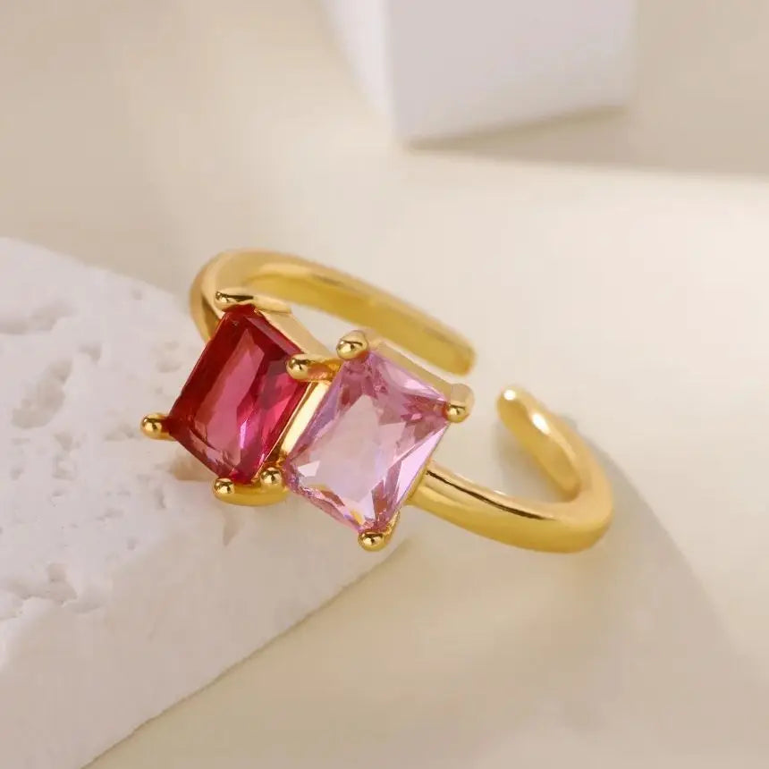 Edelstahl-Zirkonia-Quadratring für Damen, 18K vergoldet, 2 Farben, verstellbarer Ring, hypoallergener, zarter, trendiger Schmuck