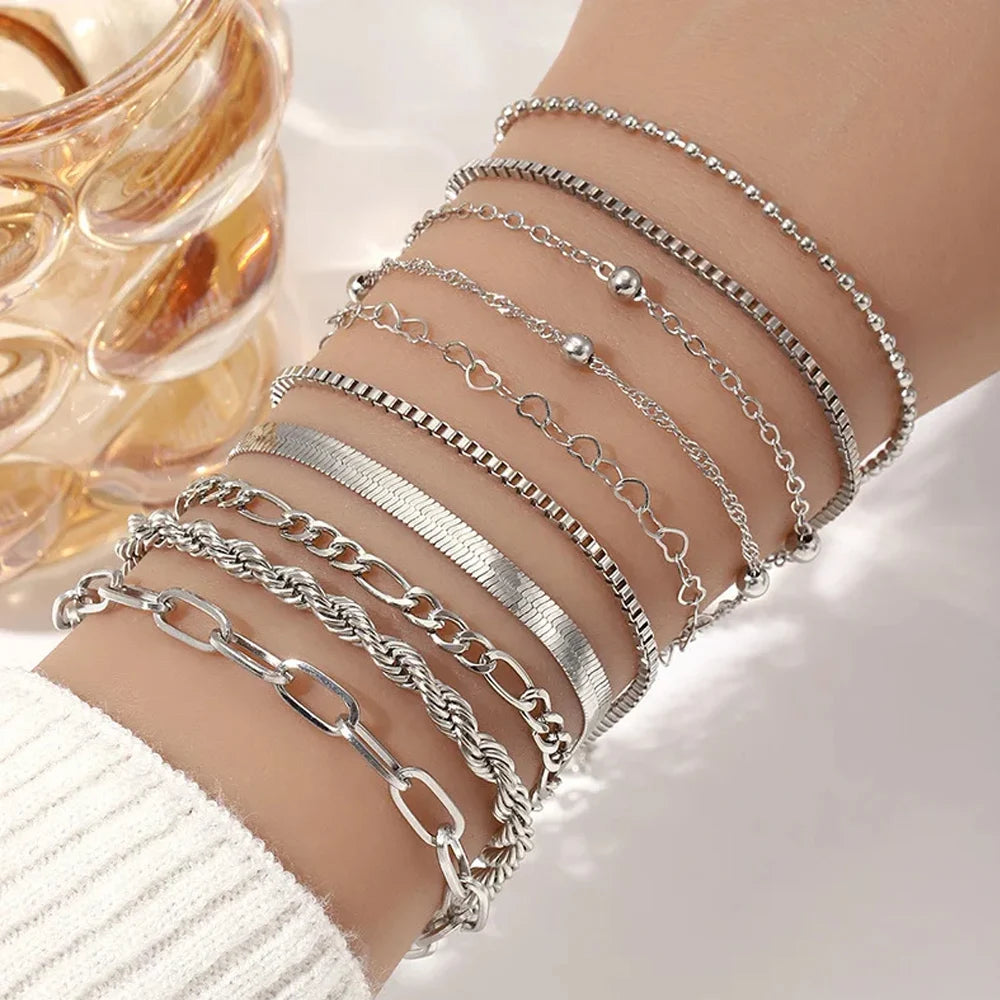 10 Stück Vintage Statement Goldfarbene Flache Schlangenkette Boxkette Armband Boho Mehrschichtiges Metallarmband Damen Sommer Schmuck