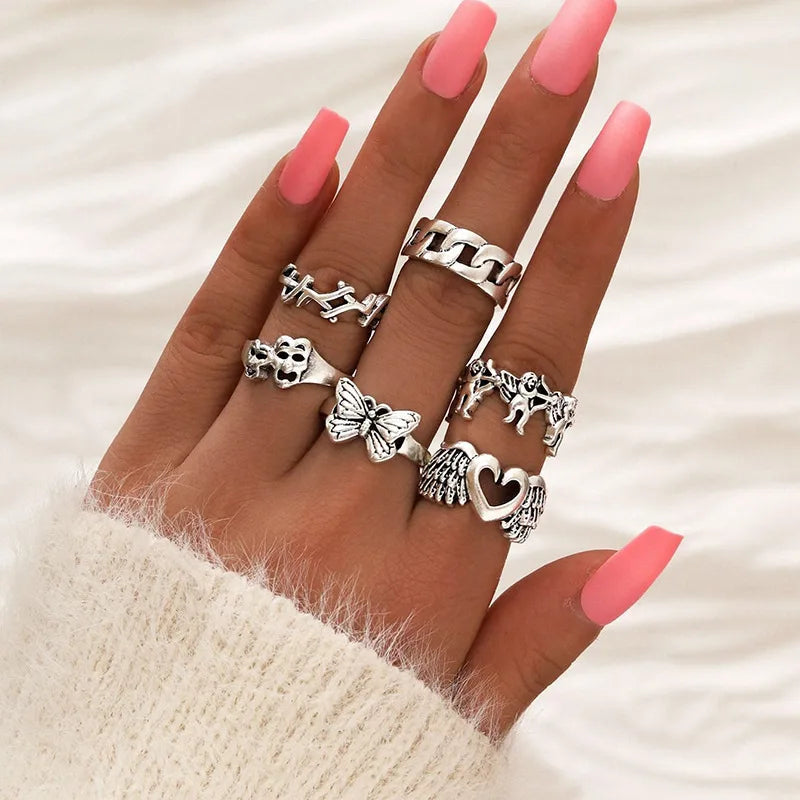 Anillo de elementos múltiples de metal estilo Punk vintage para mujer y hombre, anillos de dedo de calavera de serpiente mariposa de Color plata antigua, joyería gótica