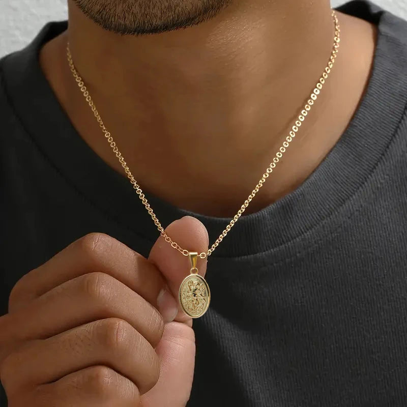 Collar con colgante de acero inoxidable 316L hipoalergénico bañado en oro - San Miguel y San Cristóbal, regalo ideal para hombres