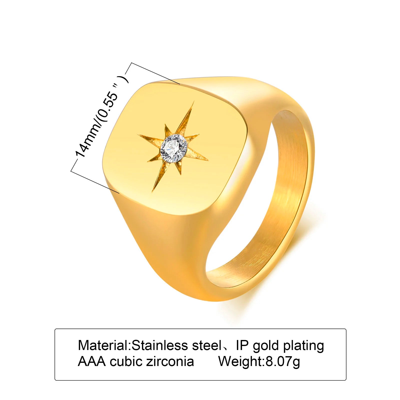 Anillo meñique de sello con sol de acero inoxidable, anillo con incrustaciones de circonita cúbica, chapado en oro, joyería de moda que no se deslustra