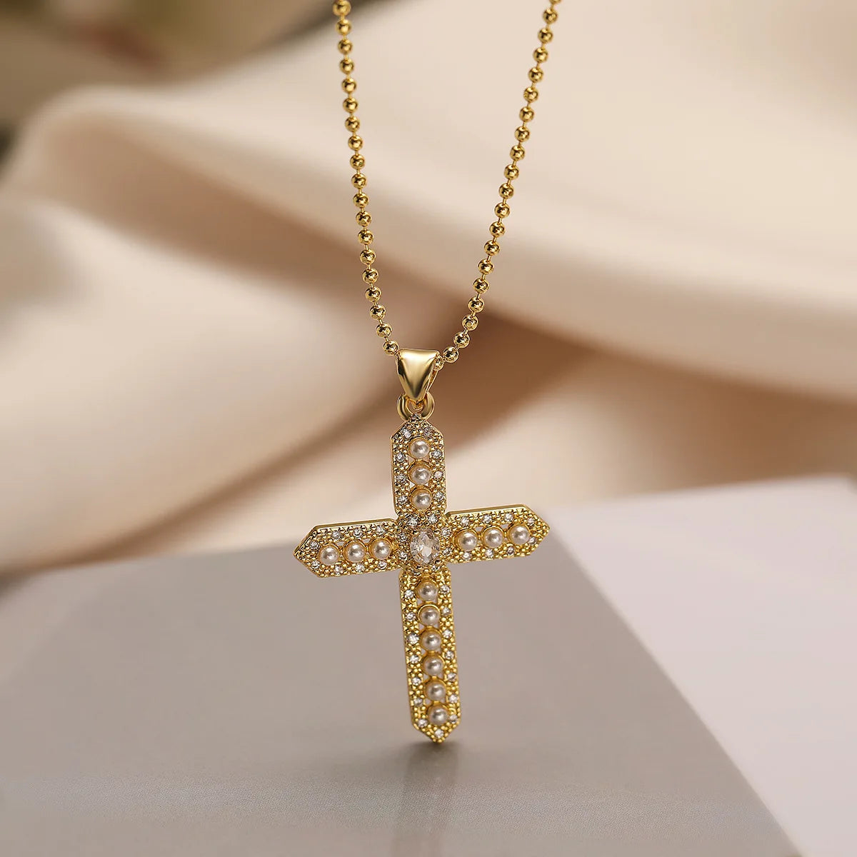 NEWBUY Classic Design Cross Pendant Gold Color 316L Stainless Steel Chain Necklace For Women Luxury Pearl Jewelry